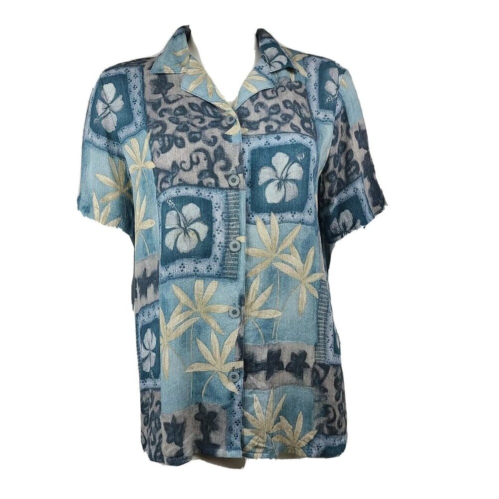 Alfred Dunner Shirt Womens Size 8 Blue Floral Short‎ Sleeve Tropical Button Down